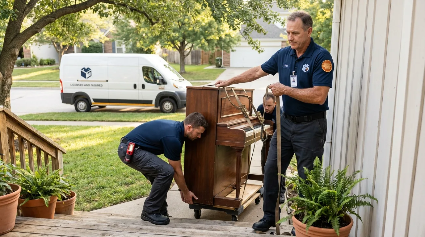 Licensed piano movers securing grand piano in Lake Luzerne, NY
