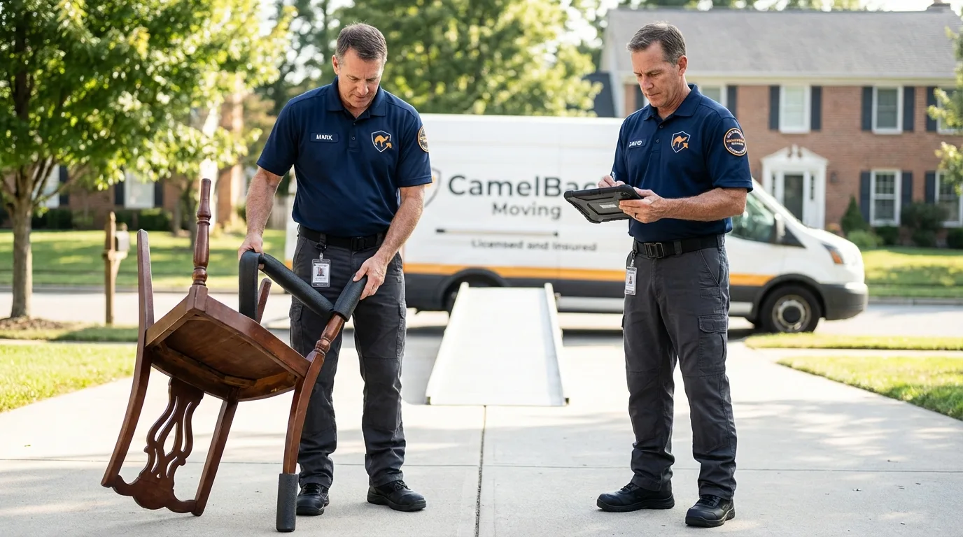 Movers inspecting furniture for damage prevention before loading in Lake Luzerne, NY