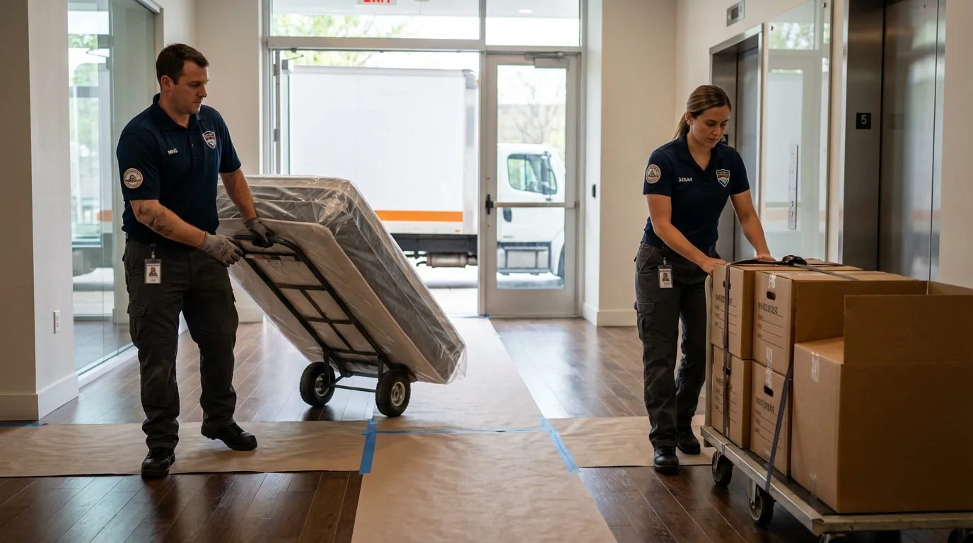 Professional apartment movers loading elevator in Lake Luzerne, NY