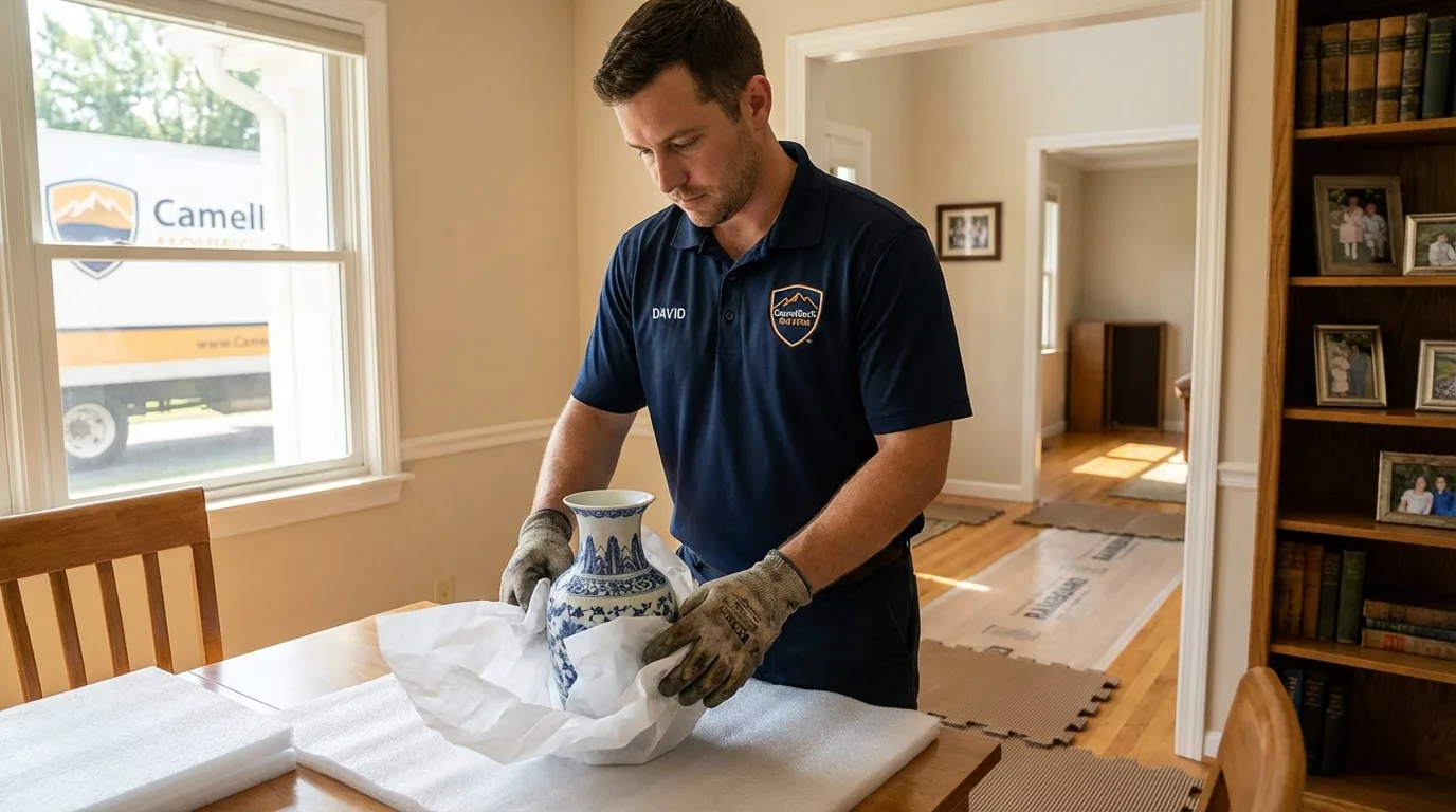 Professional crew carefully wrapping antique vase for senior downsizing move in Lake Luzerne, NY